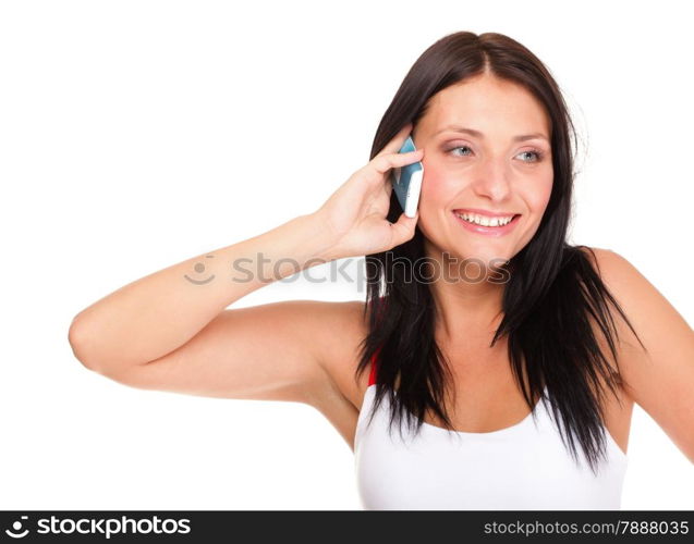 beautiful young woman with phone isolated on white