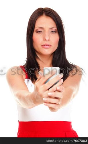 beautiful young woman with phone isolated on white