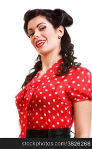Beautiful young woman with pin-up make-up and hairstyle posing in studio