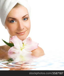 Beautiful young woman with pink lily reflected in rendered water