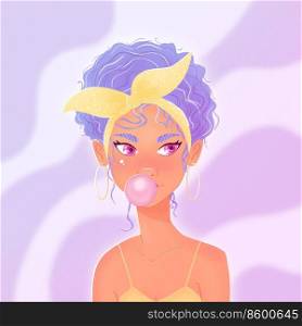 Beautiful young woman with purple curly hair, blowing a bubble gum, headscarf and yellow summer dress. Confident girl on purple background. Colorful illustration. 