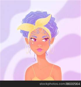 Beautiful young woman with purple curly hair, headscarf and yellow summer dress. Confident girl on purple background. Colorful illustration. 