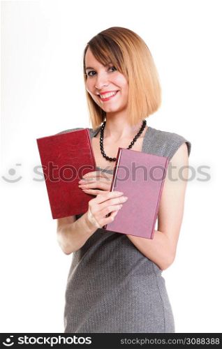 Beautiful young woman with red books isolated on a white background