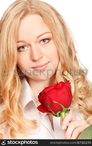 beautiful young woman with red rose, close-up portrait