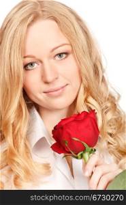 beautiful young woman with red rose, close-up portrait