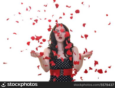 beautiful young woman with rose flower petals isolated on white representing beauty concept