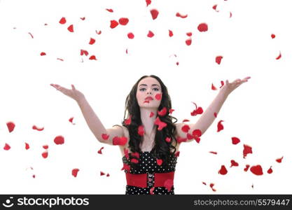 beautiful young woman with rose flower petals isolated on white representing beauty concept