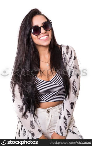 Beautiful young woman with sunglasses posing in studio, isolated over white