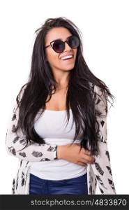 Beautiful young woman with sunglasses posing in studio, isolated over white
