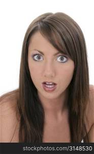 Beautiful young woman with surprised look on face. Big hazel eyes and great complextion.