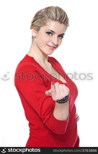 Beautifule woman in red dress inviting on white