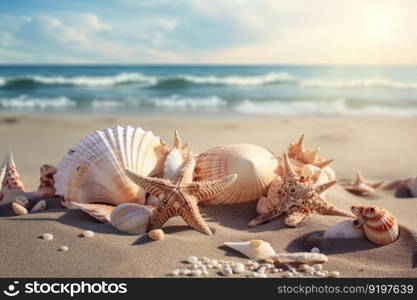 Beautifull different shells on the sand beach. Generative AI