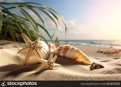 Beautifull different shells on the sand beach. Generative AI
