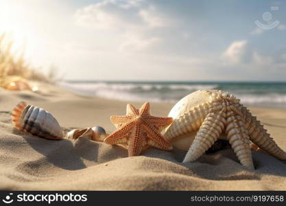 Beautifull different shells on the sand beach. Generative AI