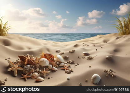 Beautifull different shells on the sand beach. Generative AI