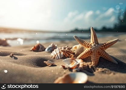 Beautifull different shells on the sand beach. Generative AI