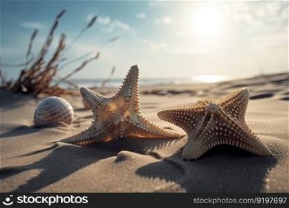Beautifull different shells on the sand beach. Generative AI