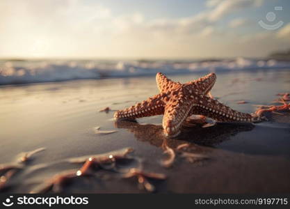 Beautifull different shells on the sand beach. Generative AI