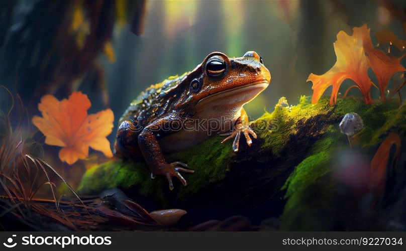 Beautifully colored tropical frog in the jungle on a leaf. Exotic rainforest cute little toad. Forest fauna. Ai generated art. Beautifully colored tropical frog in the jungle on a leaf. Exotic rainforest cute little toad. Forest fauna. Ai generated