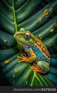 Beautifully colored tropical frog in the jungle on a leaf. Generative AI