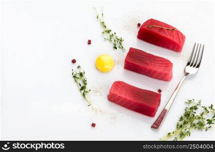beautifully decorated pieces of meat on white background. decoratively decorated food on white