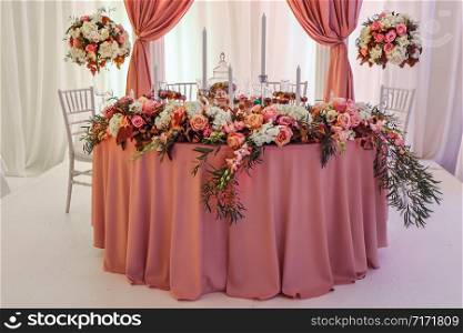 Beautifully decorated wedding table with flowers and candles