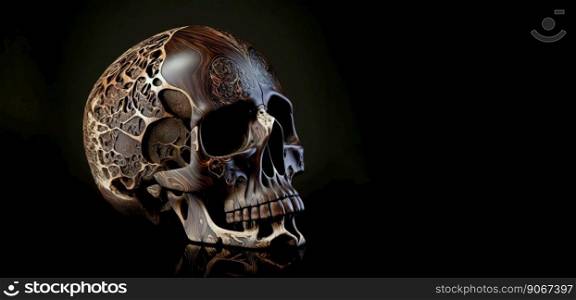 Beautifully intricated wood carving of a black waln skull. Dark background. Generative AI