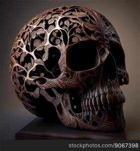 Beautifully intricated wood carving of a black waln skull. Dark background. Generative AI
