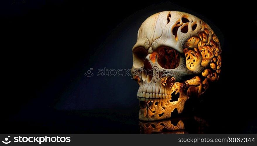 Beautifully intricated wood carving of light pine skull. Black background. Generative AI