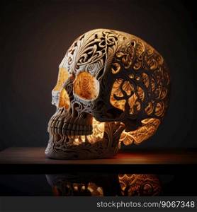 Beautifully intricated wood carving of light pine skull. Black background. Generative AI