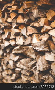 beautifully stacked firewood, natural wood for burning in the furnace