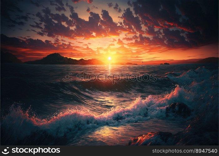 Beautiufl sunset on background and big waves in the sea. Generative AI