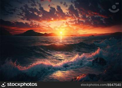 Beautiufl sunset on background and big waves in the sea. Generative AI
