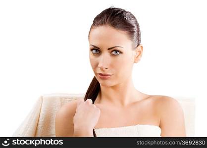 beauty advertising portrait of brunette girl with white towel