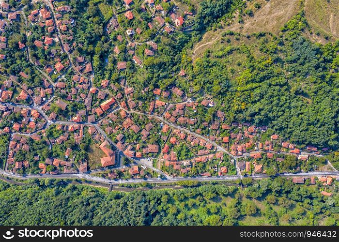 Beauty aerial top drone view of a small mountain village. Ichera, Bulgaria