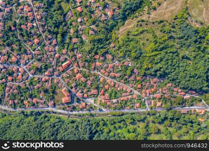 Beauty aerial top drone view of a small mountain village. Ichera, Bulgaria