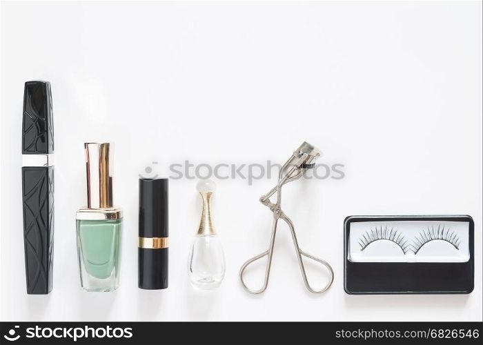 Beauty and cosmetic items, Flat lay isolated on white background