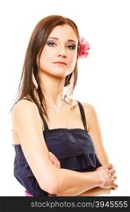 Beauty and fashion concept - Portrait of beautiful girl in summer style flower in hair, isolated
