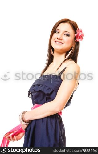 Beauty and fashion concept - Portrait of beautiful girl in summer style flower in hair, isolated