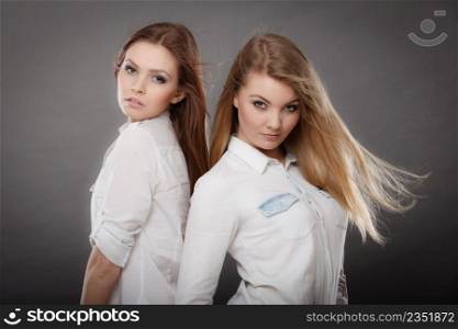 Beauty and fashion of woman. Attractive glamorous stunning girls. Portrait of gorgeous perfect styled trendy women photomodels posing together.. Two beautiful photomodels portrait.