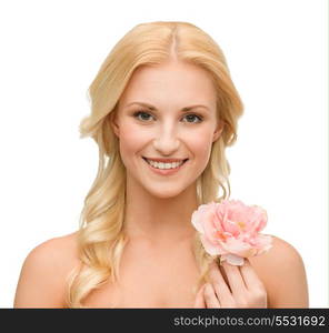 beauty and floral concept - bright picture of smiling woman with peony flower