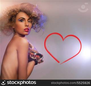 beauty and glamour concept - topless woman with long curly hair and fashion accessories