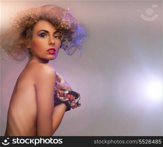 beauty and glamour concept - topless woman with long curly hair and fashion accessories