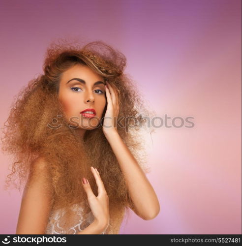 beauty and glamour concept - woman with long curly hair in sexy white lace lingerie