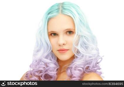 beauty and hairstyle concept - teen girl with trendy blue and lilac gradient dyed hair. teen girl with trendy colorful gradient dyed hair