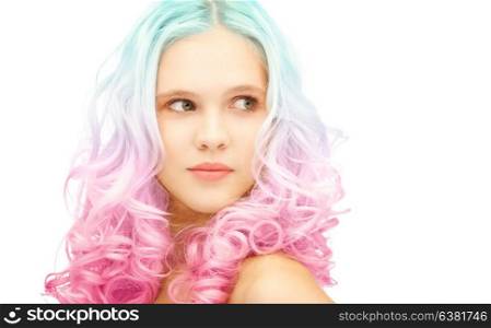 beauty and hairstyle concept - teen girl with trendy blue and pink gradient dyed hair. teen girl with trendy colorful gradient dyed hair
