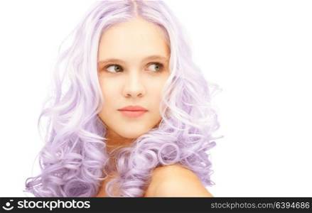 beauty and hairstyle concept - teen girl with trendy lilac dyed hair. teen girl with trendy lilac dyed hair