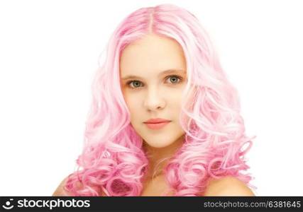 beauty and hairstyle concept - teen girl with trendy pink dyed hair. teen girl with trendy pink dyed hair