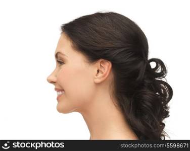 beauty and health concept - profile portrait of smiling young woman