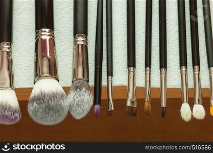 Beauty and makeup. Set of wet professional make up brushes after washing is drying